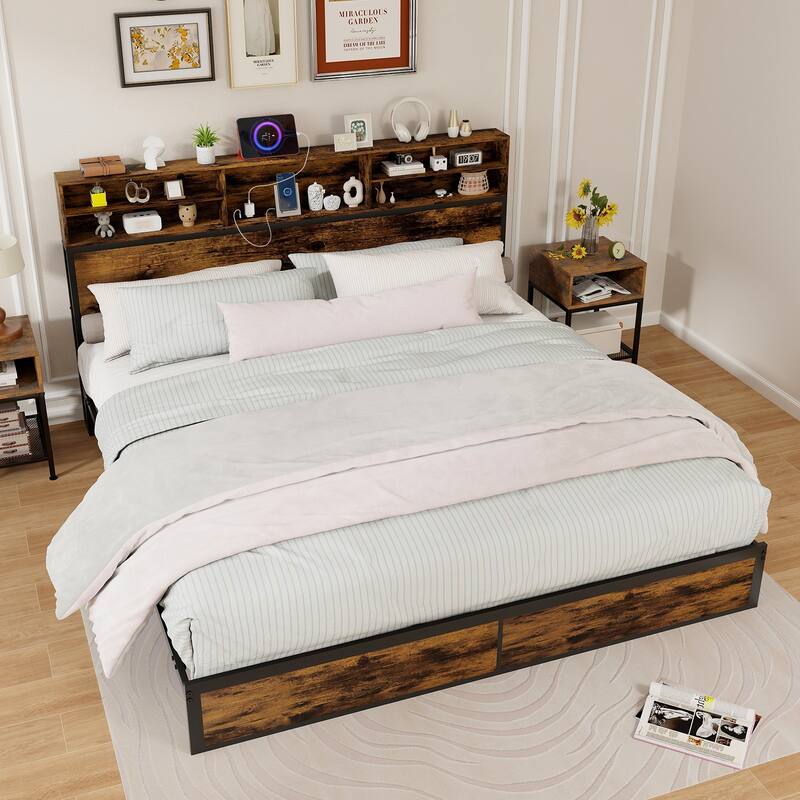 Metal Platform Bed Frame with Headboard Storage and USB Charging Ports