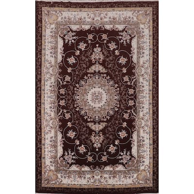Burgundy Red Floral Kashan Turkish Rug Machine-Made Carpet - 6'7" x 9'10"
