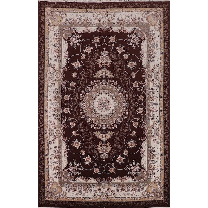 Burgundy Red Floral Kashan Turkish Rug Machine-Made Carpet - 6'7" x 9'10"