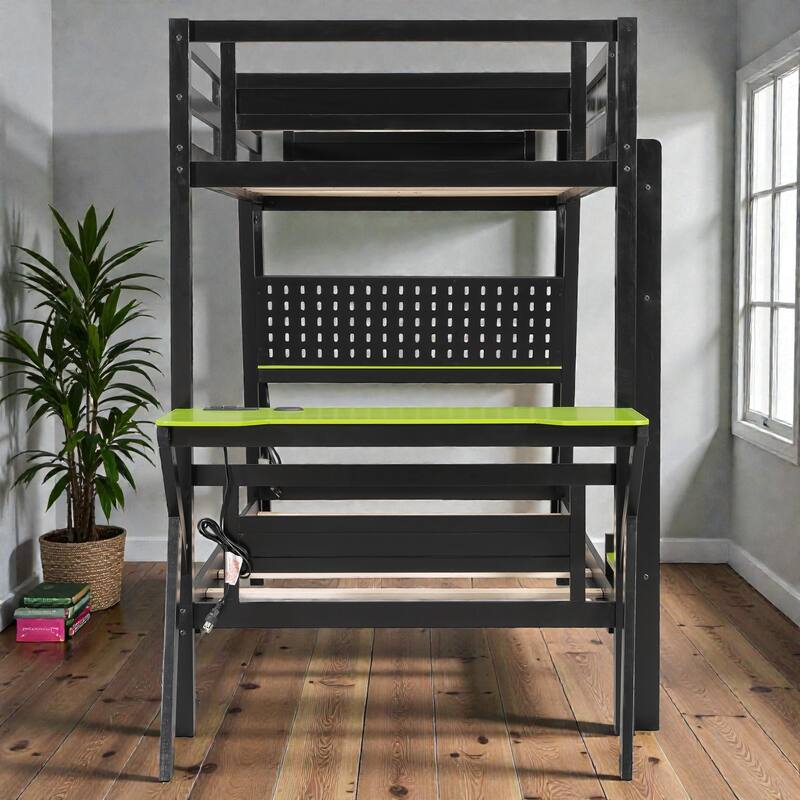 Twin/Full Gaming Bunk Bed with Dual Desks, USB Charging Ports and Pegboard Organizer, Gamer Bunk Frame