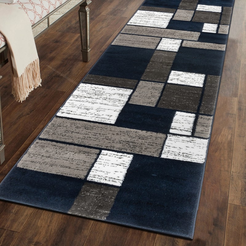 World Rug Gallery Contemporary Modern Boxed Color Block Area Rug - 2' x 7'2" Runner - Navy