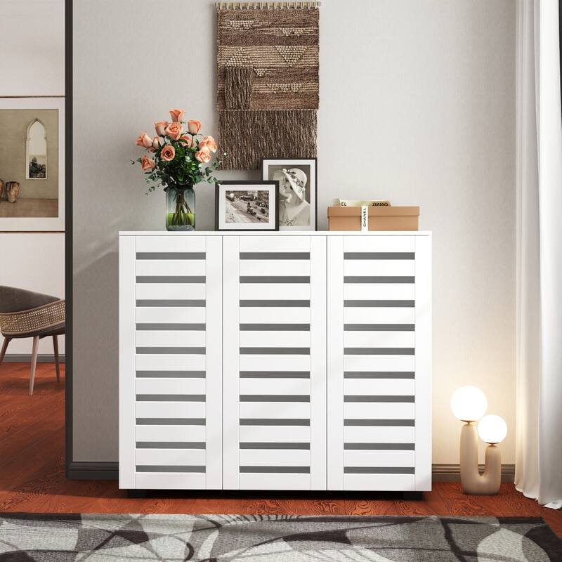 Roomfitters 5-Tier Shoe Cabinet, Wooden Shoe Storage Organizer with Adjustable Shelves and Louvered Doors - White