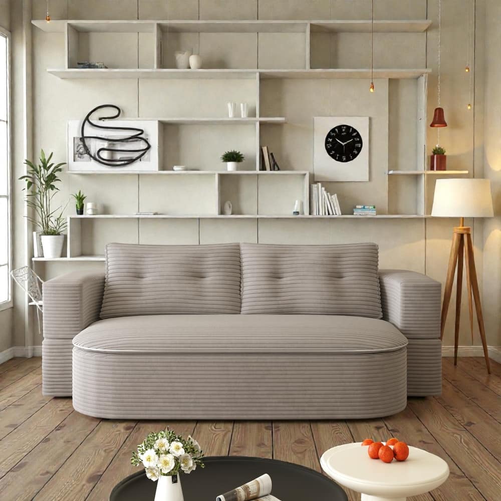 78.7 Inch Convertible Floor Sofa Bed, Plush Corduroy Sleeper Couch with Blanket and 2 Pillows, Deep Seat