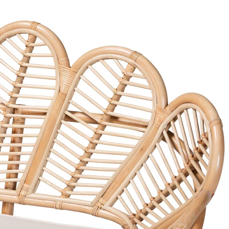 Eliava Natural Rattan Accent Bench with Cushion - Coastal Boho Loveseat with Scalloped Fan Back for Living Room or Sunroom