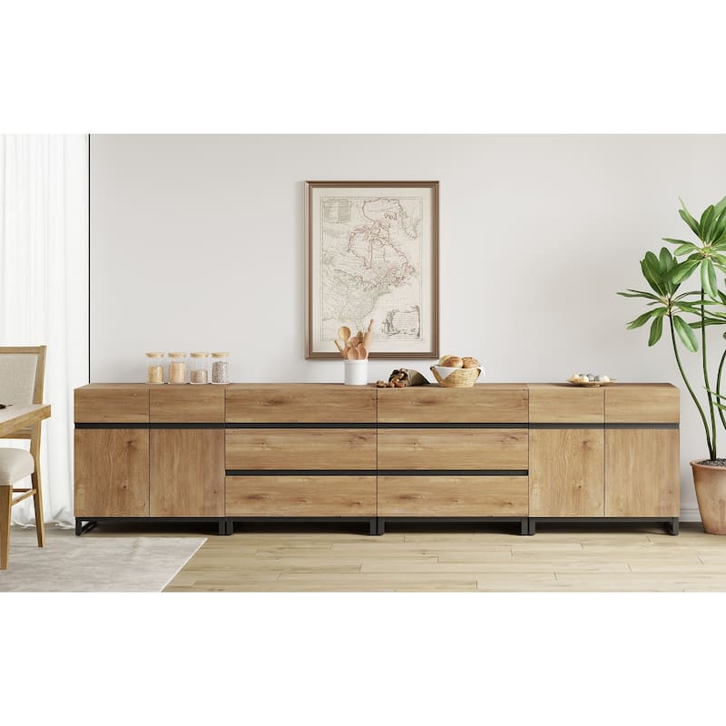 WAMPAT 4 in 1 Multifunctional Sideboard Buffet Cabinets, Modern Sideboard with Adjustable Shelves and 6 Drawers - 4 piece - Oak