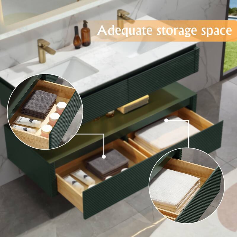 48 Inch Solid Wood Wall-Mounted Bathroom Vanity Set in Green/ White with Engineered Stone Top and Ceramic Sink