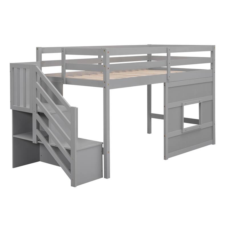 Twin Size Low Loft Bed with Storage Staircase and Window, Wooden Loft Bed Frame with Full Length Guardrail and Slat Support