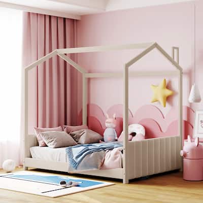 Full Size Modern Canopy Bed - Striped Headboard Design with Roof, Solid Pinewood Frame
