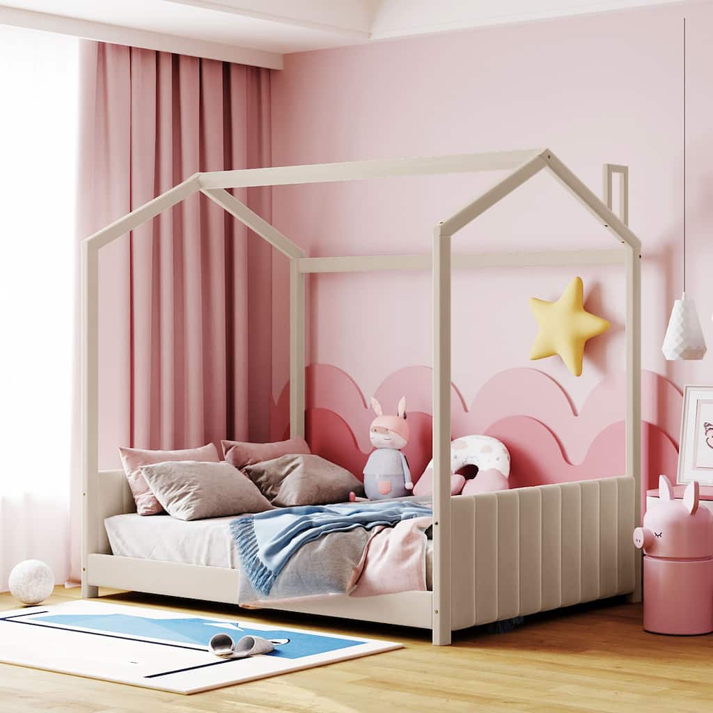 Velvet Upholstered House Bed for Kids, Twin/Full Size with Modern Roof Design