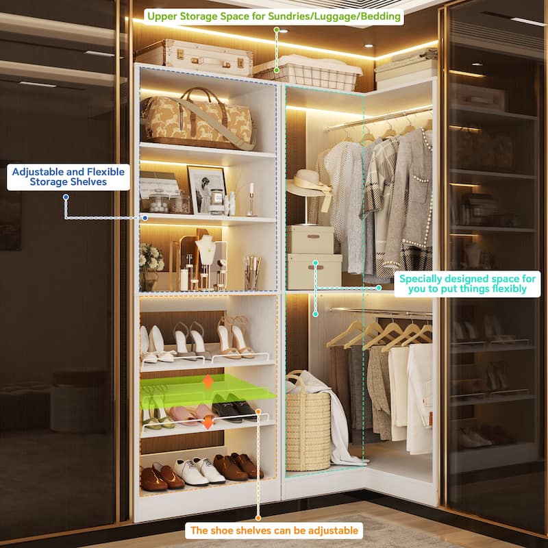 Cimly Set of 2 Corner Closet System, Freestanding Closet Organizer with Hanging Rods and Tower Shelves