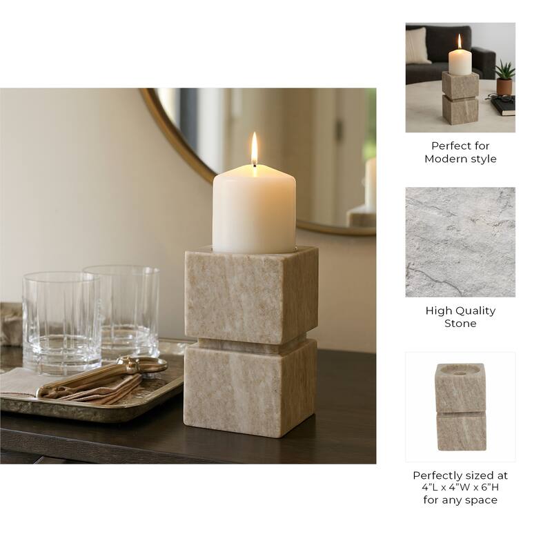Modern Onyx Marble Stacked Cubes Candle Holder - Ivory & Tan