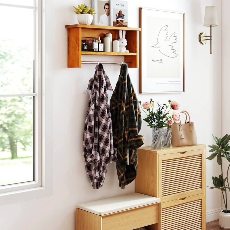 Costway 2-Tier Solid Teak Wood Bathroom Shelf with Towel Bar Stainless - Natural - See Details
