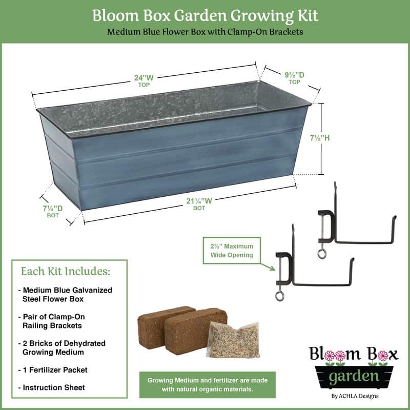 Achla Designs 24"W Medium Galvanized Steel/Wrought Iron Indoor Outdoor Bloom Box Garden Growing Kit With Clamp-On Brackets