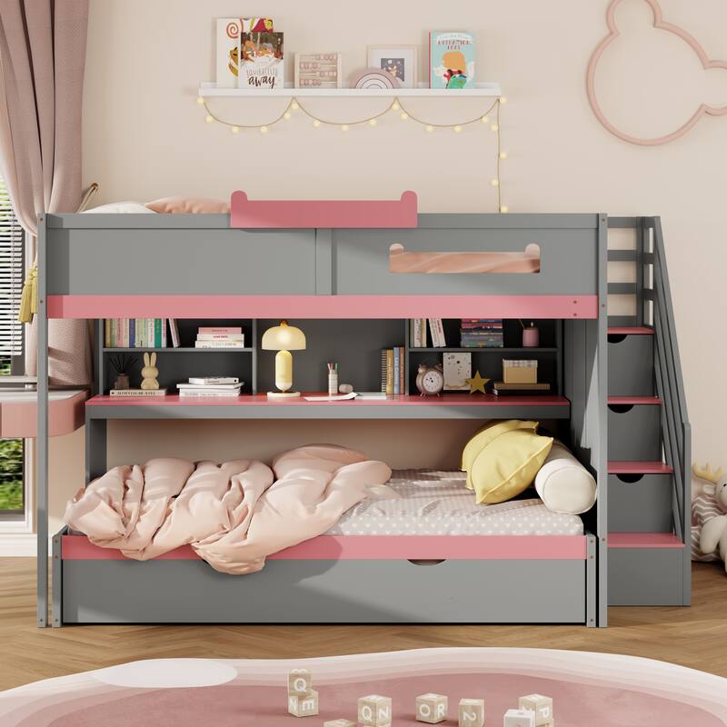 Full Over Full Bunk Bed with Twin Trundle, Staircase, Shelves & LED Lighting