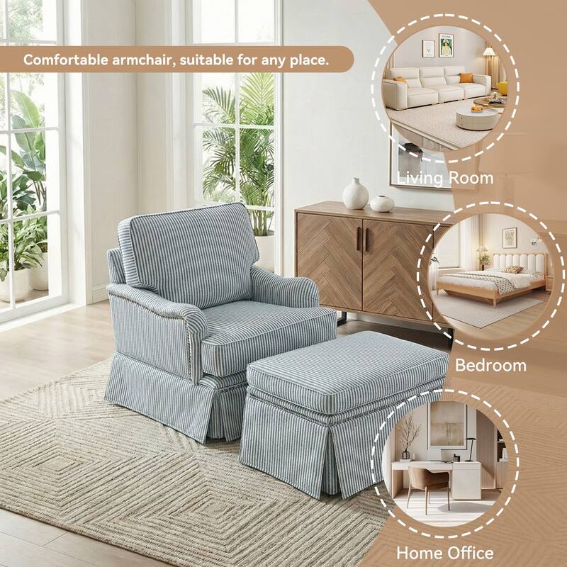 Chenille Swivel Accent Chair Storage Ottoman Set with Nailhead Trim Skirt