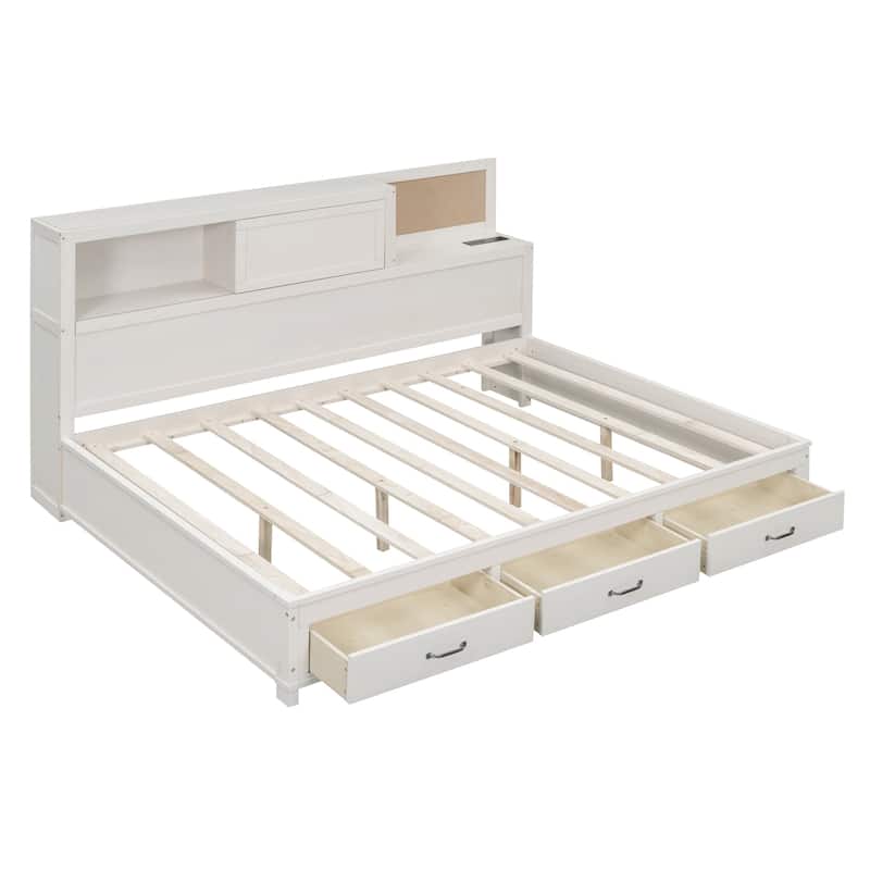 Full Size Wooden Daybed with Storage Drawers and USB Ports
