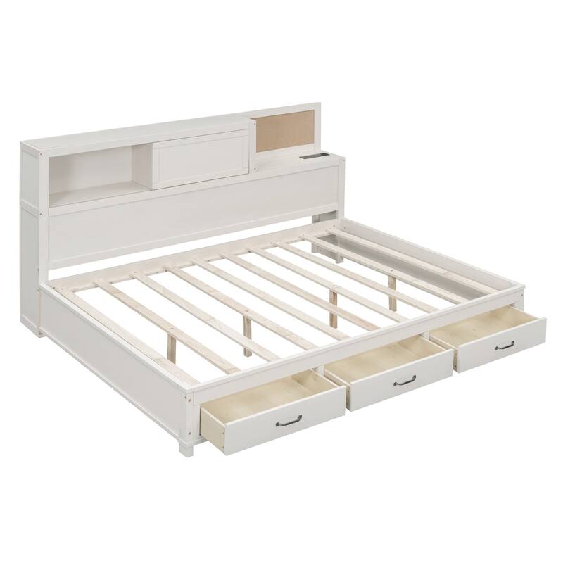 White Full Size Wooden Daybed with 3 Storage Drawers,Upper Soft Board and USB Ports for Bedroom