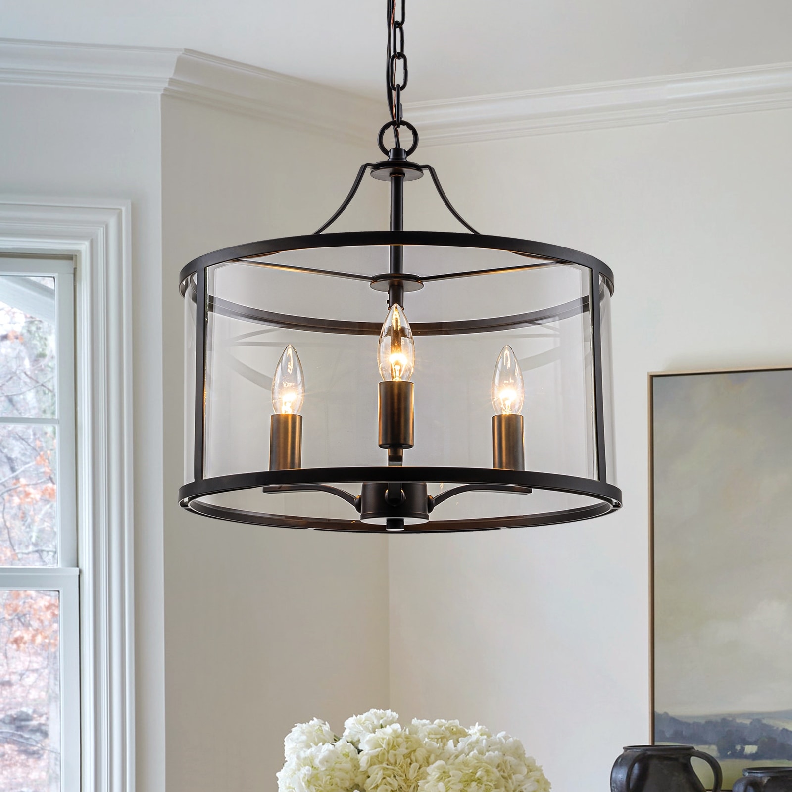3-Light Drum Glass Chandelier for Dining Room, Kitchen Island