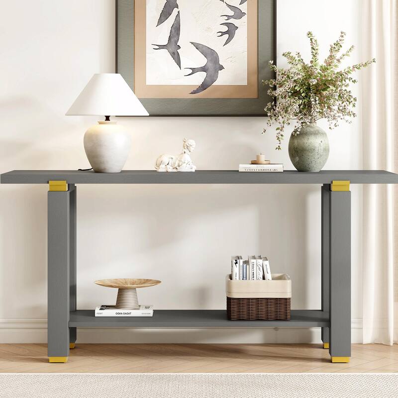 63" Modern Console Table with Shelf & Metal Accents - Grey