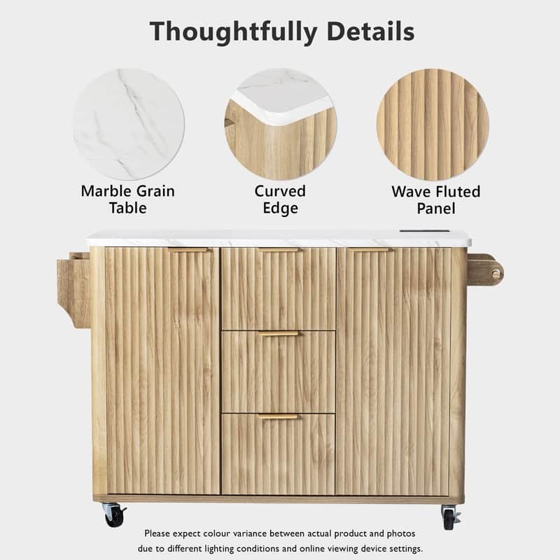 55.5" Fluted Kitchen Island with Drop Leaf and Storage Features Power Outlet and Adjustable Shelves