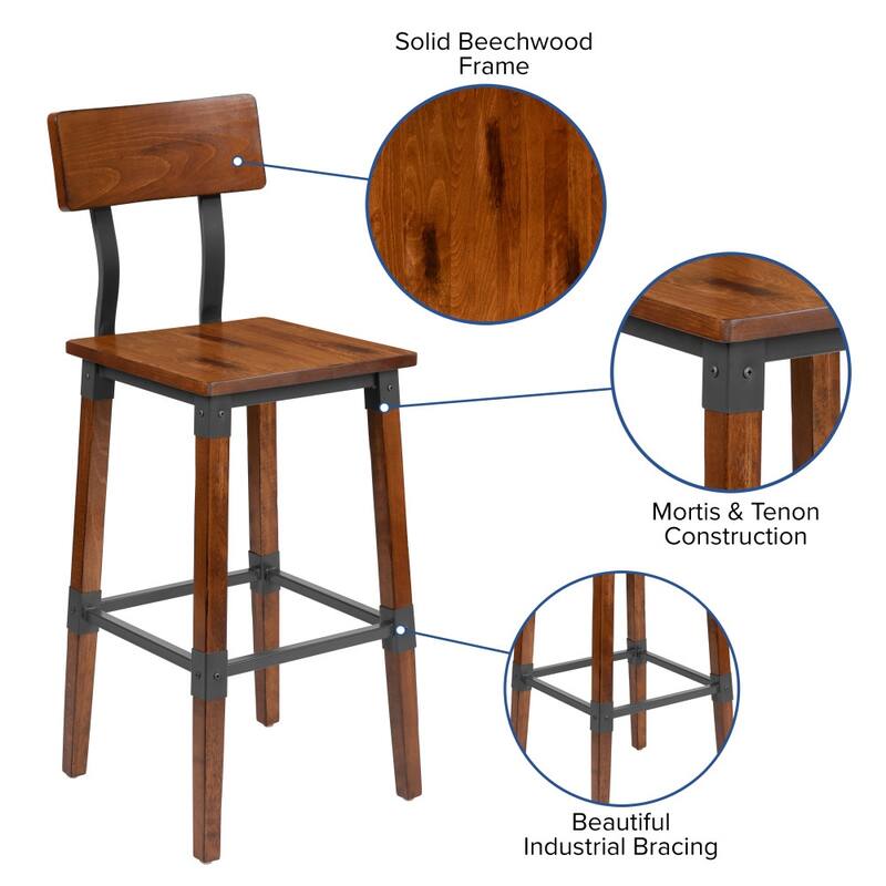 4 Pack Commercial Grade Rustic Industrial Style Wood Dining Barstool