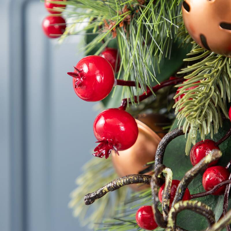 Glitzhome Christmas Bell Pinecone & Berry Bow Wreath Teardrop Garland Wall Decor