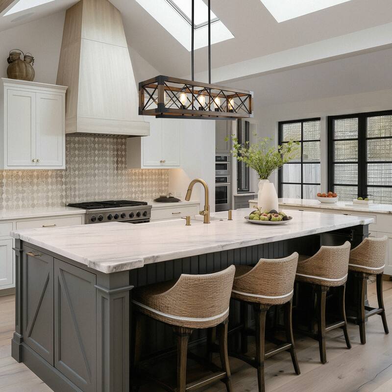 Farmhouse 5-Light Rectangle Wood Chandelier Rustic Island Lights for Dining Kitchen Island