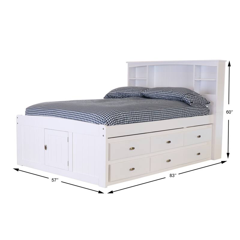 Full Size Bookcase Bed with Drawers - Solid Pine Bed Frame - Under Bed Storage - Casual White Finish