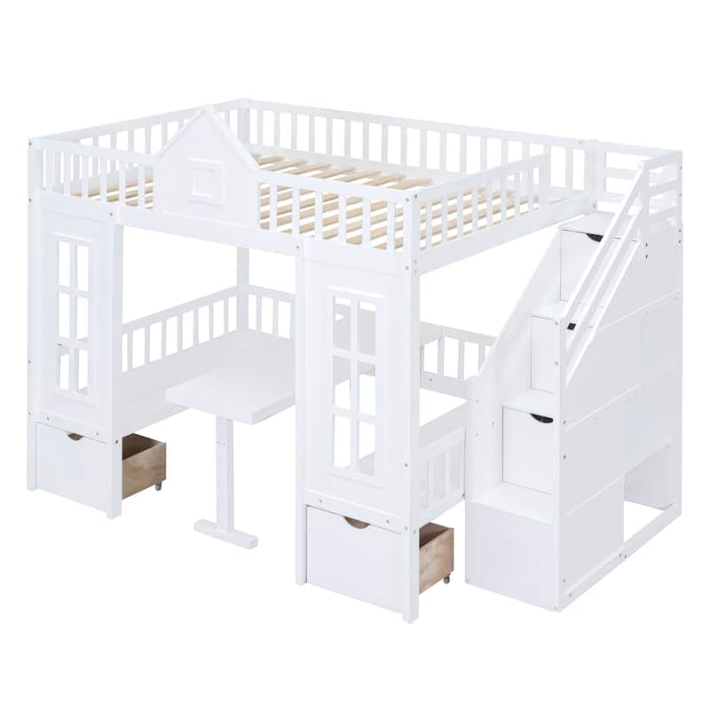 Full Size Wooden Loft Bunk Bed with Table, Seats, and Storage Shelves