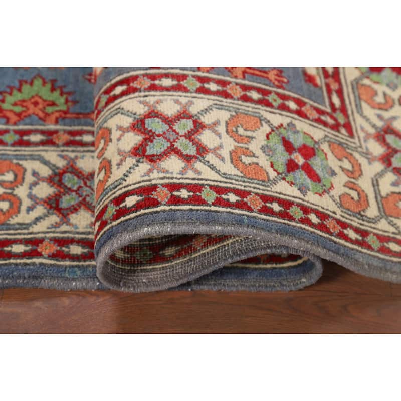 Geometric Blue Kazak Oriental Foyer Rug Hand-Knotted Wool Carpet - 3'4" x 4'11"