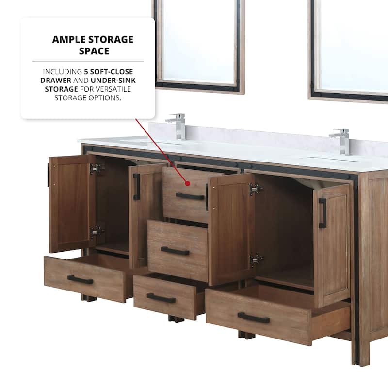 Ziva 72 in W x 22 in D White Double Bath Vanity, White Quartz Top, Faucet Set and 30 in Mirrors