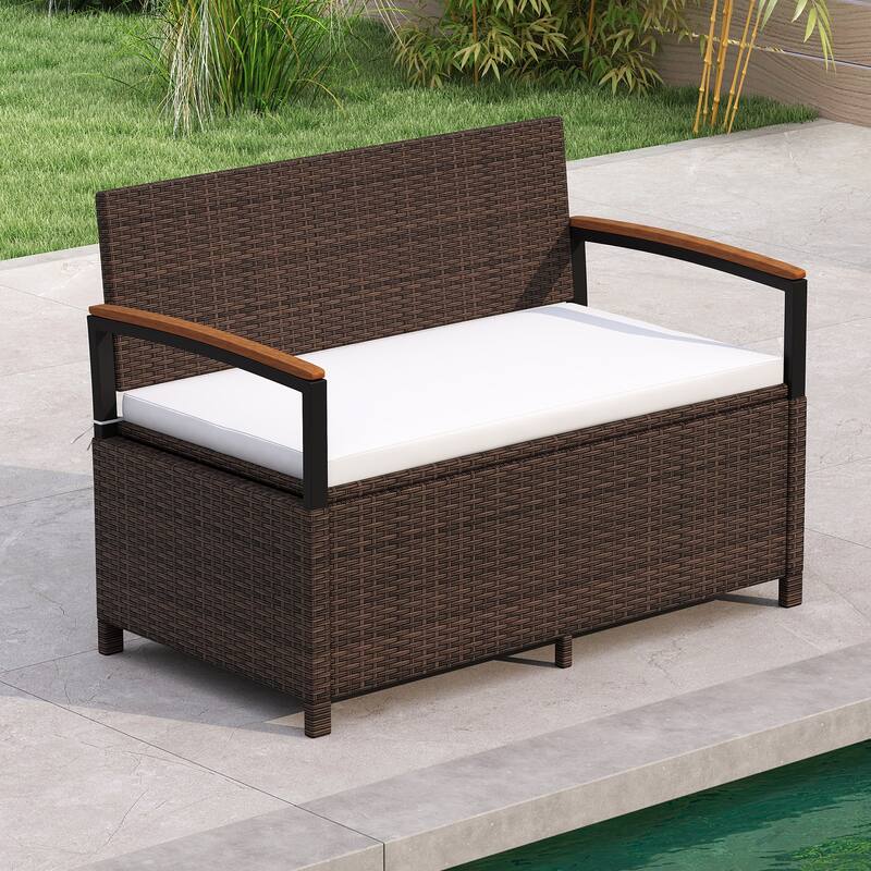 Gymax Outdoor Storage Bench w/Cushion Backrest & Acacia Wood Armrests - White