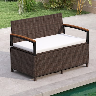Gymax Outdoor Storage Bench w/Cushion Backrest & Acacia Wood Armrests