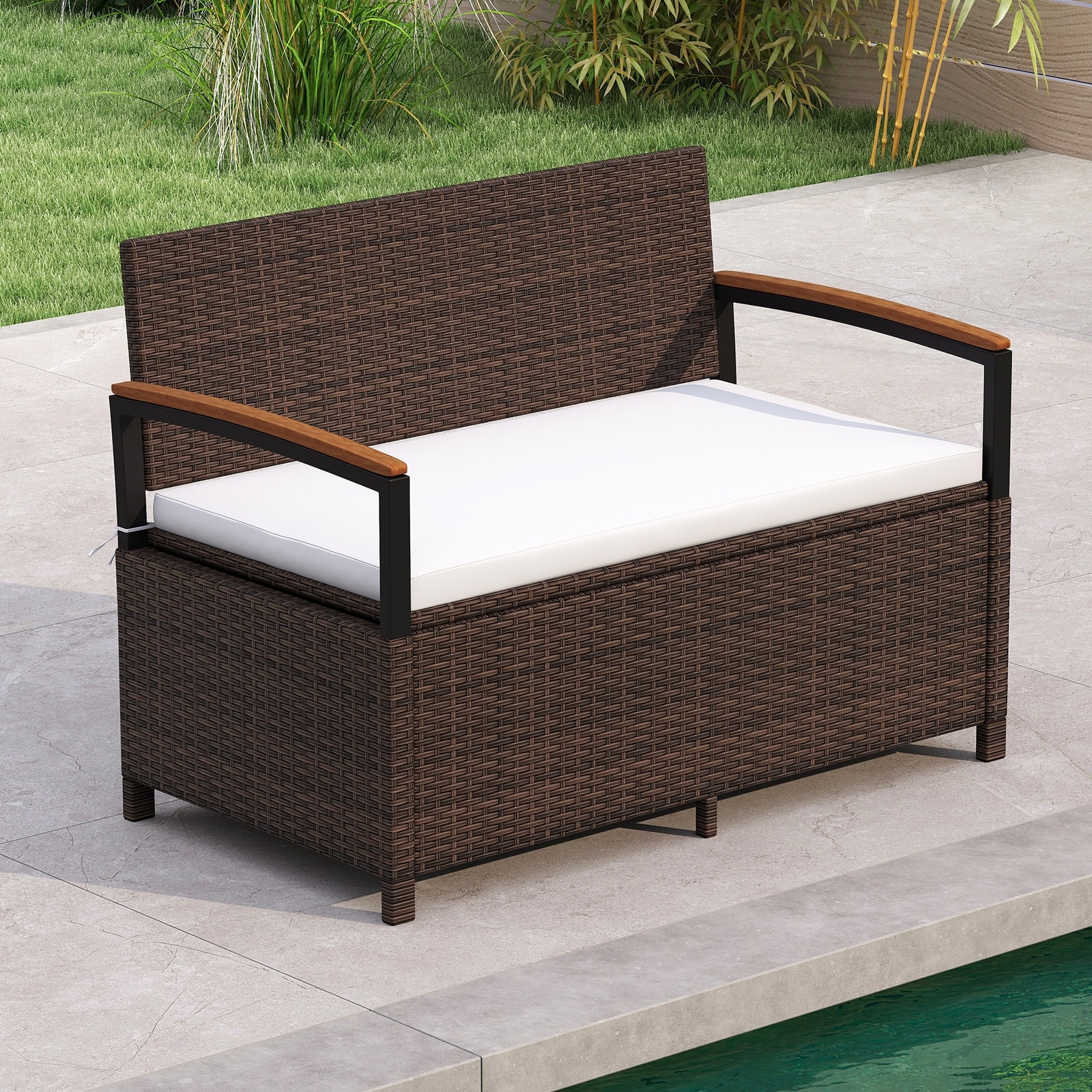 Gymax Outdoor Storage Bench w/Cushion Backrest & Acacia Wood Armrests