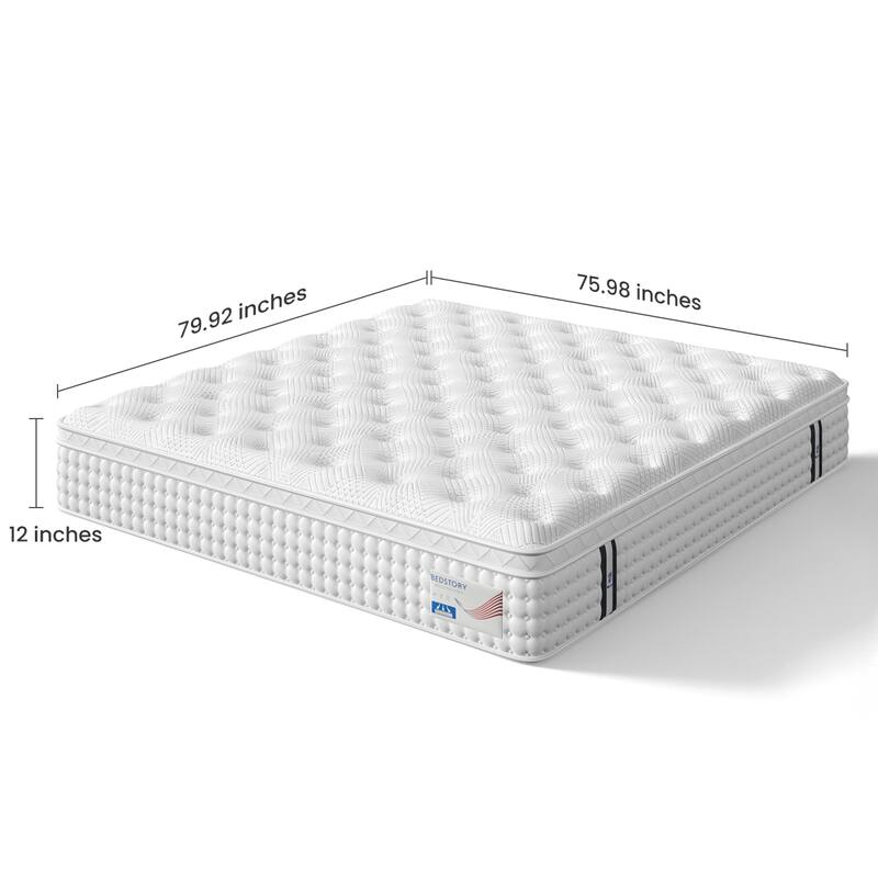 Roomfitters 12 Inch King Hybrid Mattress, Euro Top Memory Foam and Pocket Spring Bed for Lumbar Support, Medium Firm, White