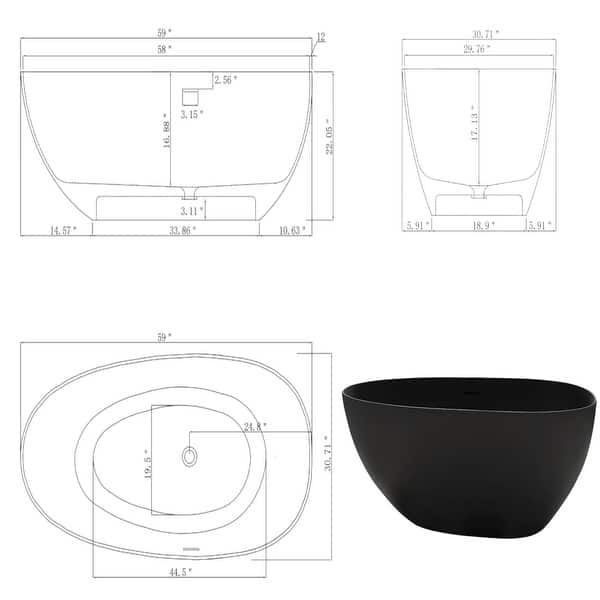 dimension image slide 2 of 3, KISRAIS 59" X 30.75" Solid Surface Artificial Stone Freestanding Soaking Bathtub