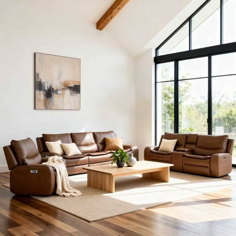 3-Piece Faux Leather Sofa Set with Double Width Seat, Power Recliner, Loveseat & Sofa, Wireless charging and Reading Lamp