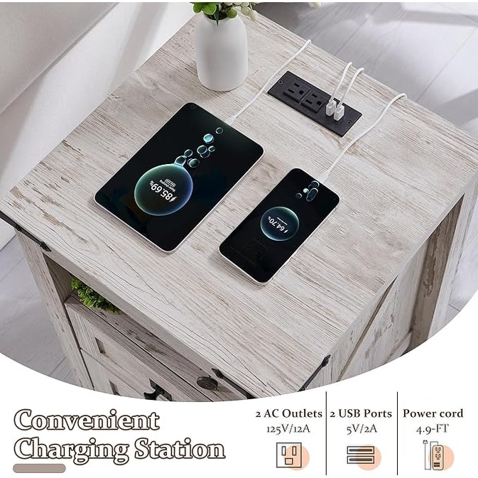 Farmhouse Nightstand with Charging Station, End Table, Side Table