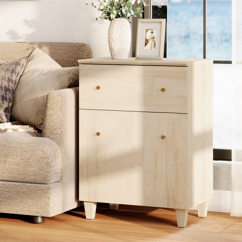 Large End Table with Drawer and Door for Living Room - 1 Pack - Light Oak