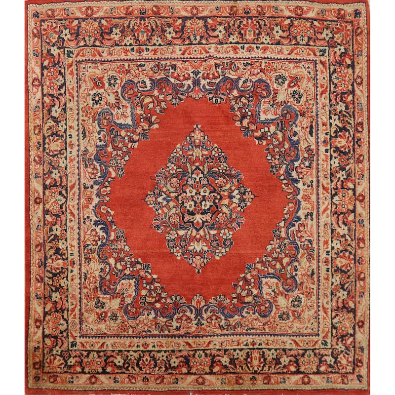 Orange Medallion Sarouk Persian Square Rug Handmade Wool Carpet - 5'1"x 5'2"