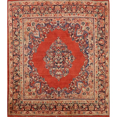 Orange Medallion Sarouk Persian Square Rug Handmade Wool Carpet - 5'1"x 5'2"
