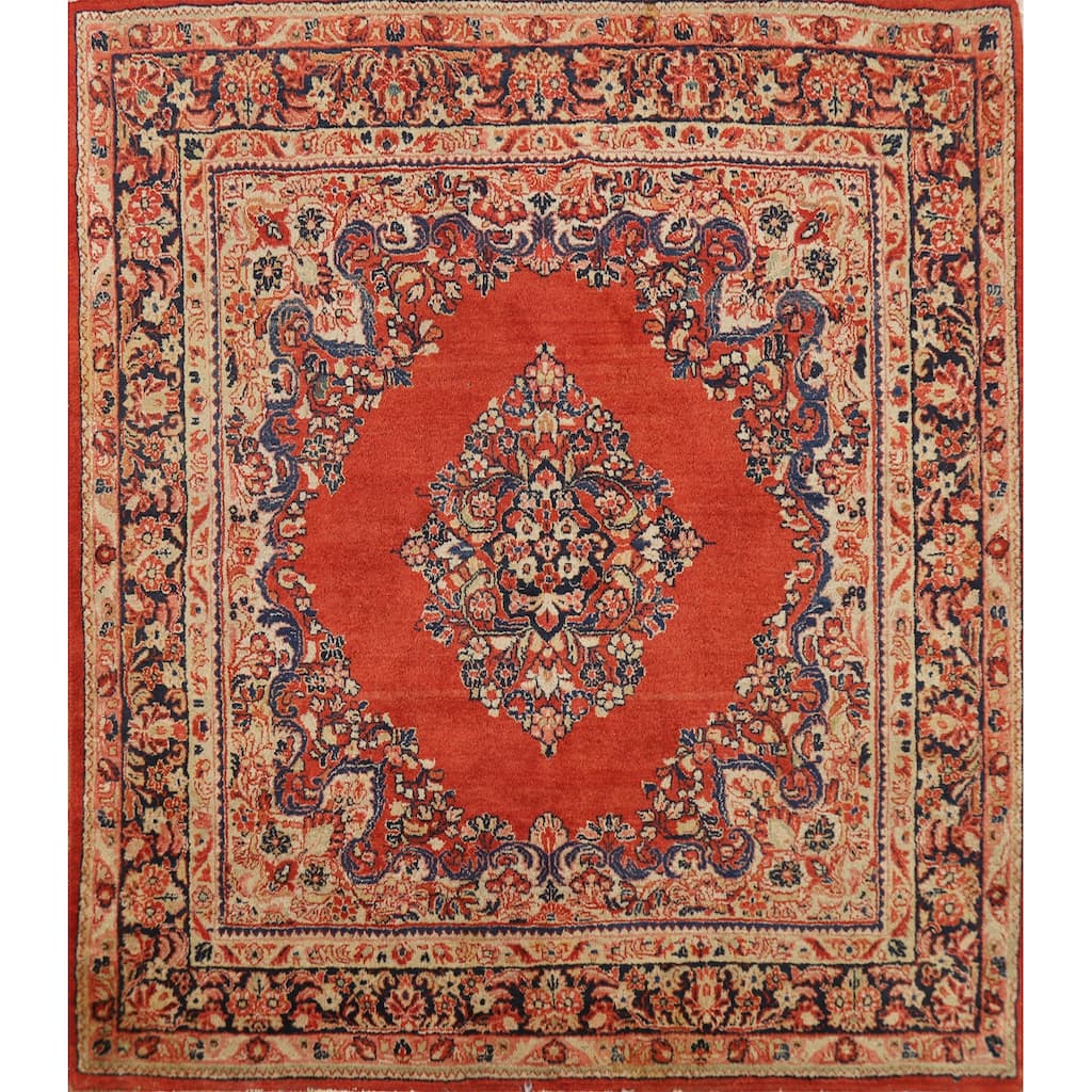 Orange Medallion Sarouk Persian Square Rug Handmade Wool Carpet - 5'1"x 5'2"