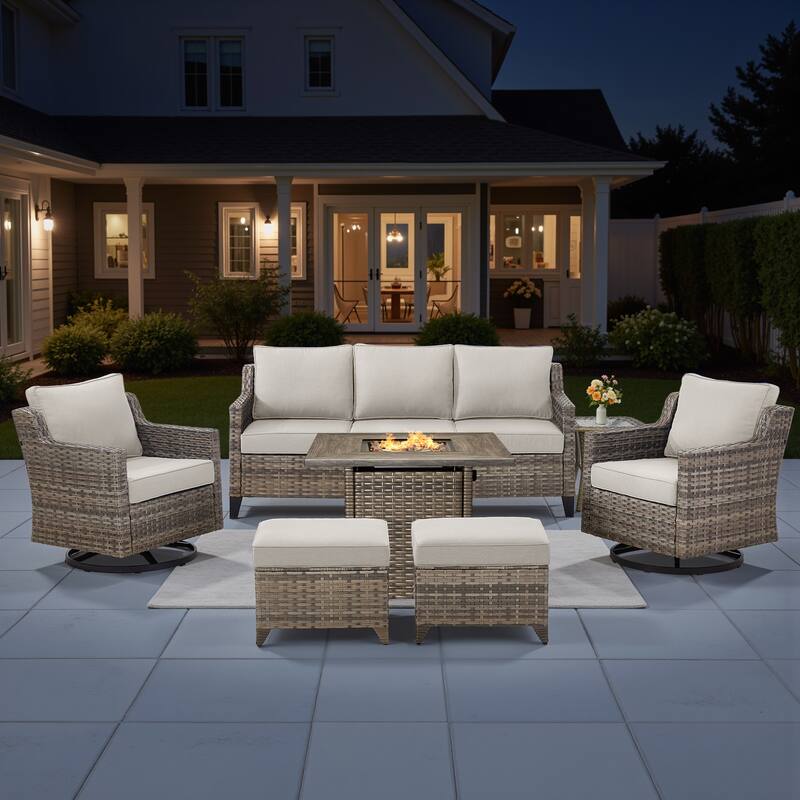 Pocassy Outdoor Swivel Chair with Sofa with Fire Pit Table - Beige Cushion Gray Wicker - 7-Piece Sofa Siwvel Chair Ottoman w/ Fire Table