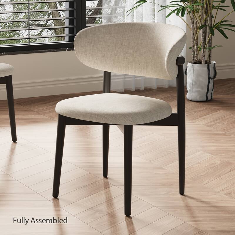 Mid-Century Dining Chair, Solid Wood Legs, Kitchen Chairs with Beige Cotton & Linen Fabric, Fully Assembled