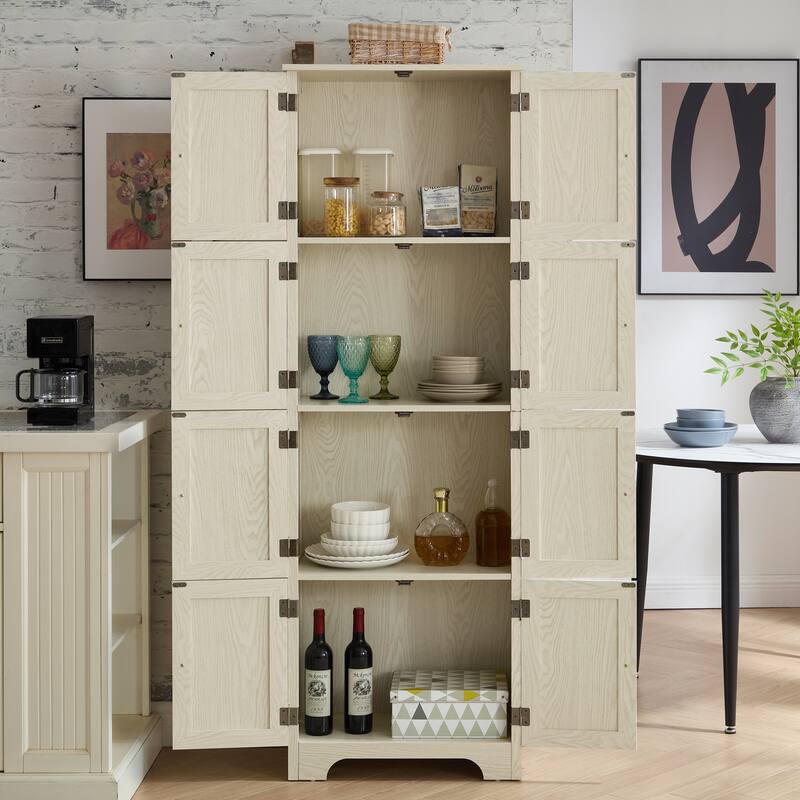 Tall Storage Cabinet White Pantry Cabinet with 8 Doors, Corner Cabinet Side Cabinet Hallway Cabinet for Kitchen