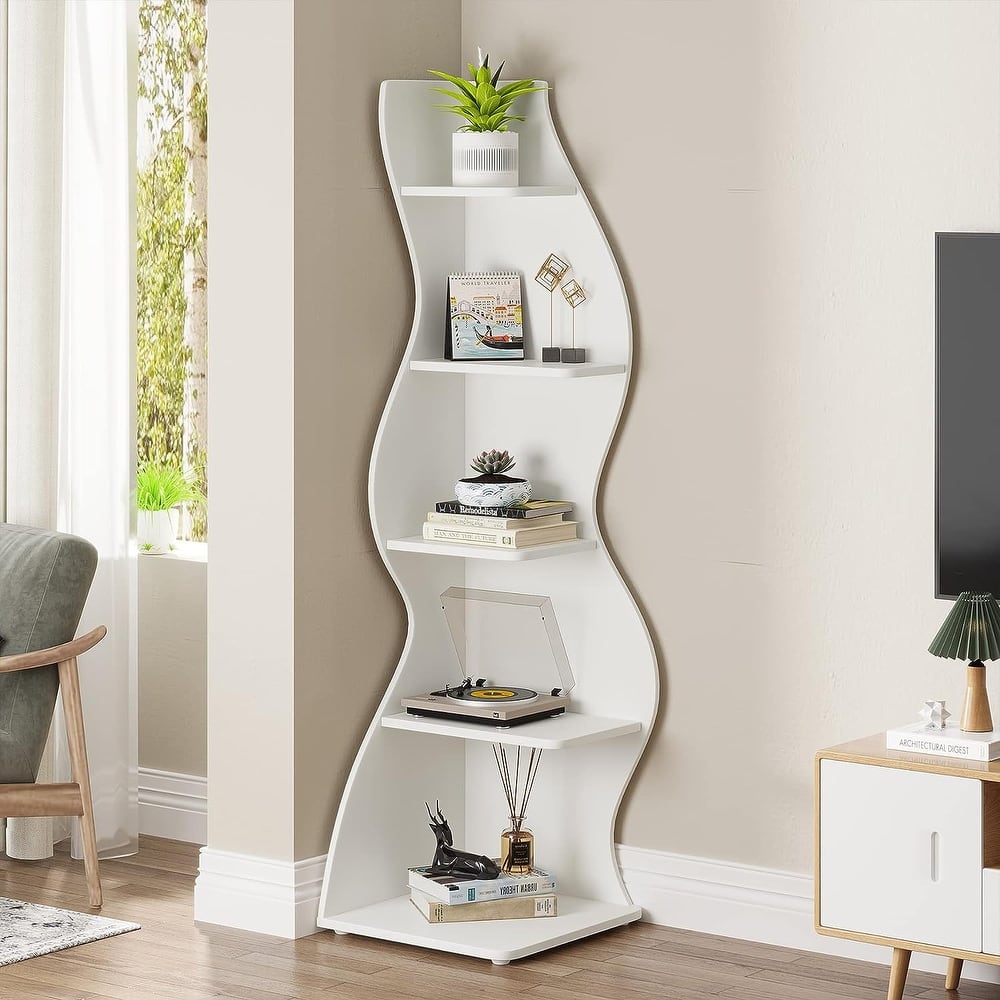 Corner Shelf Bookcase Bookshelf with Unique Shape for Living Room, Home Office