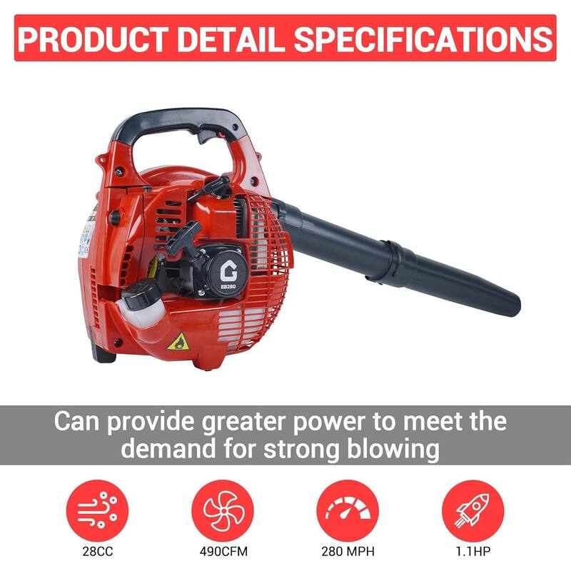 28CC Handheld Gas Leaf Blower,Powerful Lightweight Gas Blower,1.1HP 490 CFM,280 MPH Cruise Control