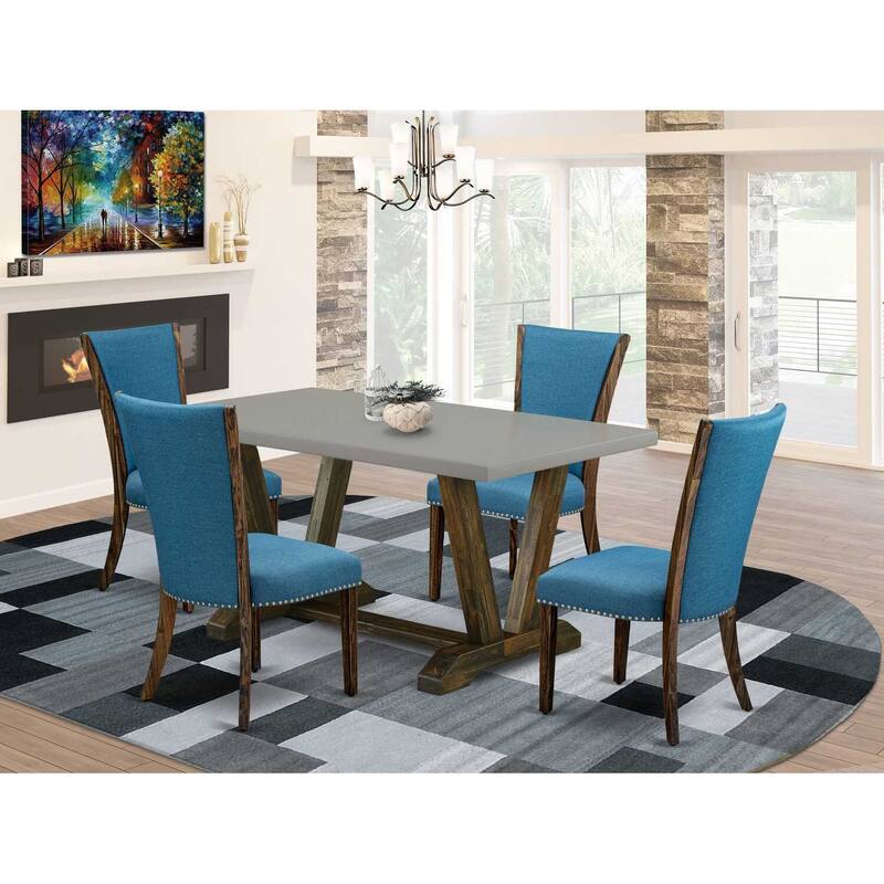 HomeStock 5-Piece Distressed Jacobean Finish Solid Wood Top Dining Table with 4 Parson Chair