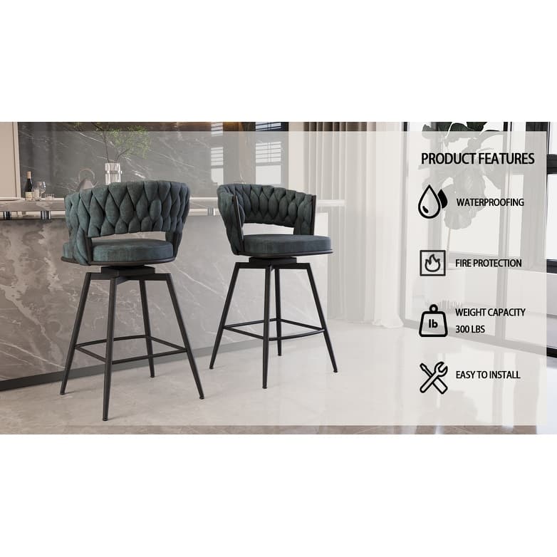 Suede Woven Bar Stool Set of 4, No Adjustable Kitchen Island Chairs,360 Swivel Upholstered Counter Stool with Back Footrest