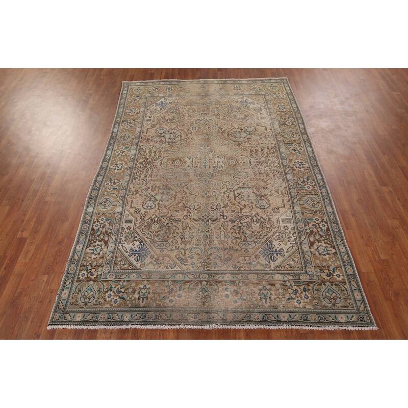 Distressed Tabriz Vintage Persian Rug Hand-Knotted Peach Wool Carpet - 6'7" x 9'8"